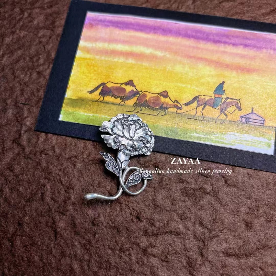 Mongolia Jewelry - Carnation Brooch(Zayaa Handmade Sterling Silver)