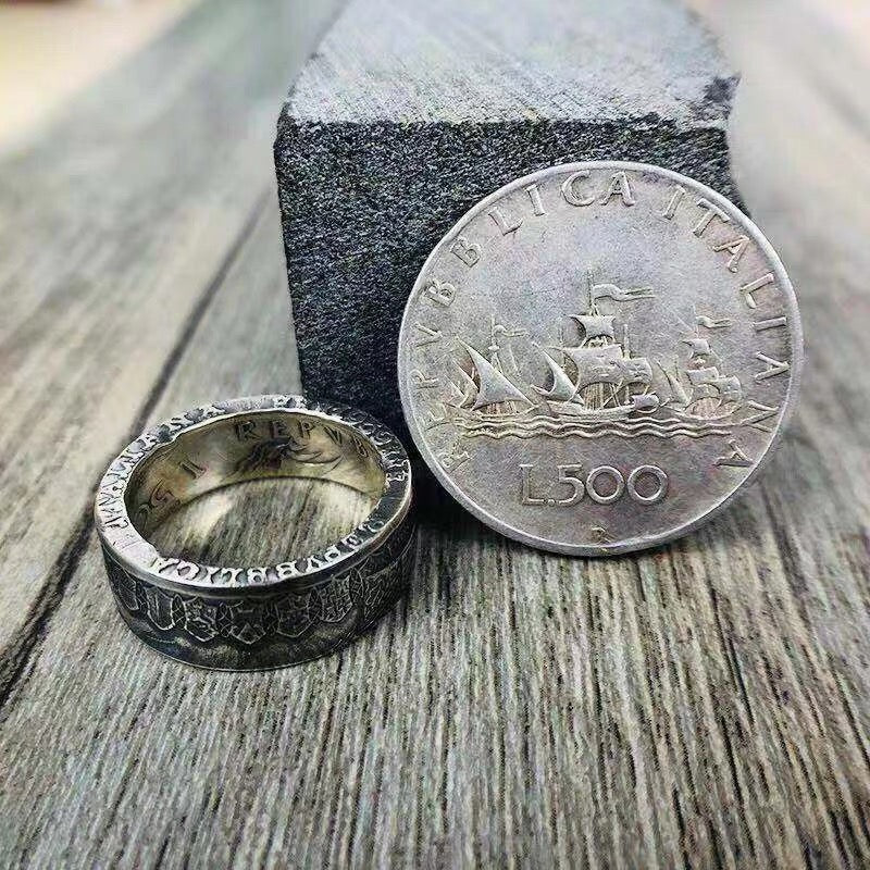 Mongolia Jewelry - Italian Columbus Sailing Ship Silver Coin Ring