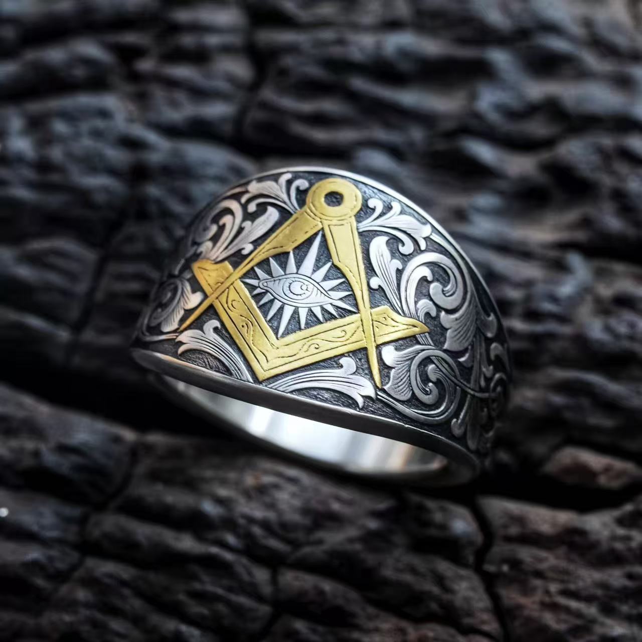 Hand-carved Masonic-style ring – Adjustable Open Design | One Size Fits Most