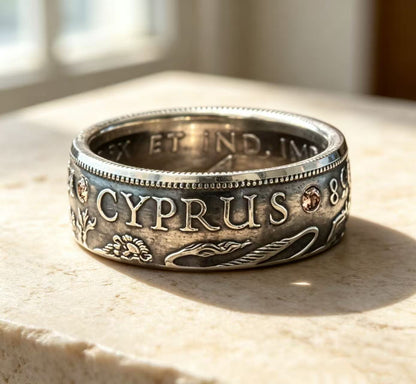 1938 Cyprus 18 Piastres Silver Coin Ring｜Double Lion Heraldic（925 Sterling Silver）