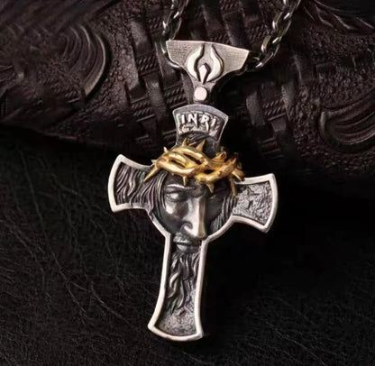 Crown of Thorns Jesus Cross Necklace - Handmade Silver Cross