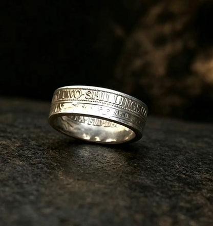 Hand Forged 1900 British Victoria One Florin Two Shillings Silver Heraldic Shield Coin Ring