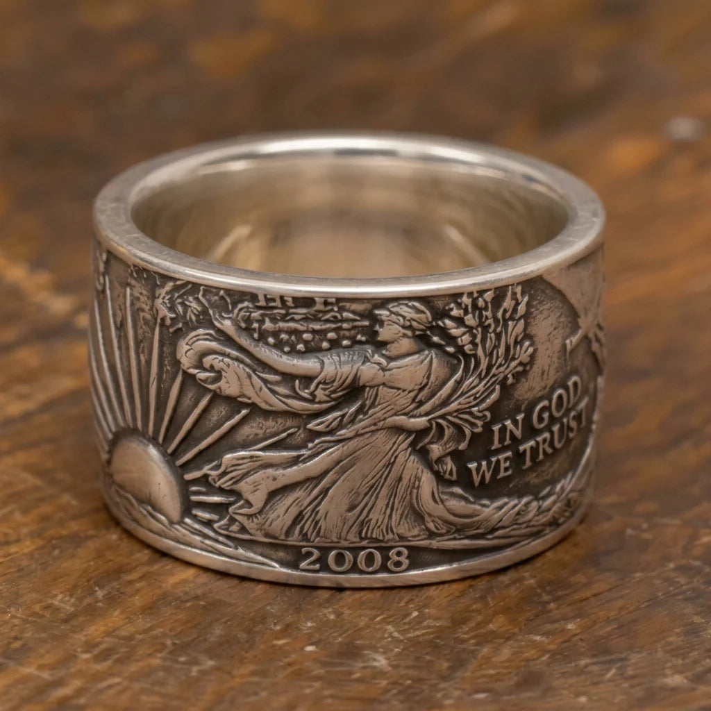 Handmade Walking Liberty Silver Coin Ring1998-2008（999 Sliver）