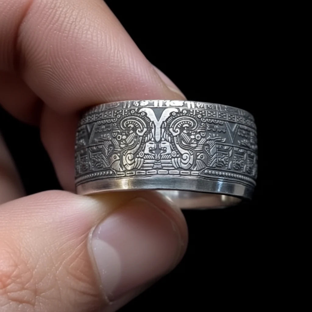 Mexican Aztec Sun Coin Ring（999 Sterling Silver）