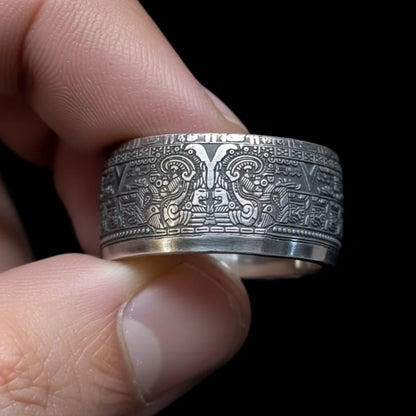 Mexican Aztec Sun Coin Ring（999 Sterling Silver）