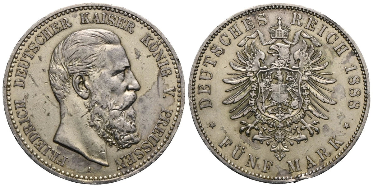 1888 Germany (Prussia) 5 Mark – Frederick III – Silver (.900) – Rare!