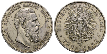 1888 Germany (Prussia) 5 Mark – Frederick III – Silver (.900) – Rare!