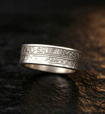 Hand Forged 1900 British Victoria One Florin Two Shillings Silver Heraldic Shield Coin Ring