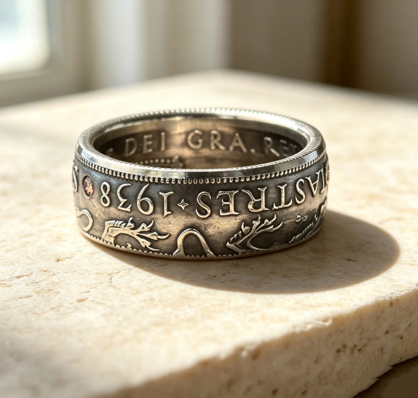 1938 Cyprus 18 Piastres Silver Coin Ring｜Double Lion Heraldic（925 Sterling Silver）