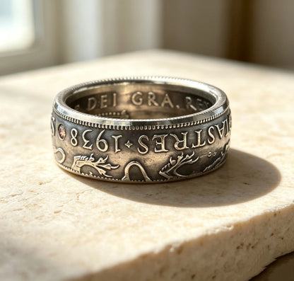 1938 Cyprus 18 Piastres Silver Coin Ring｜Double Lion Heraldic（925 Sterling Silver）