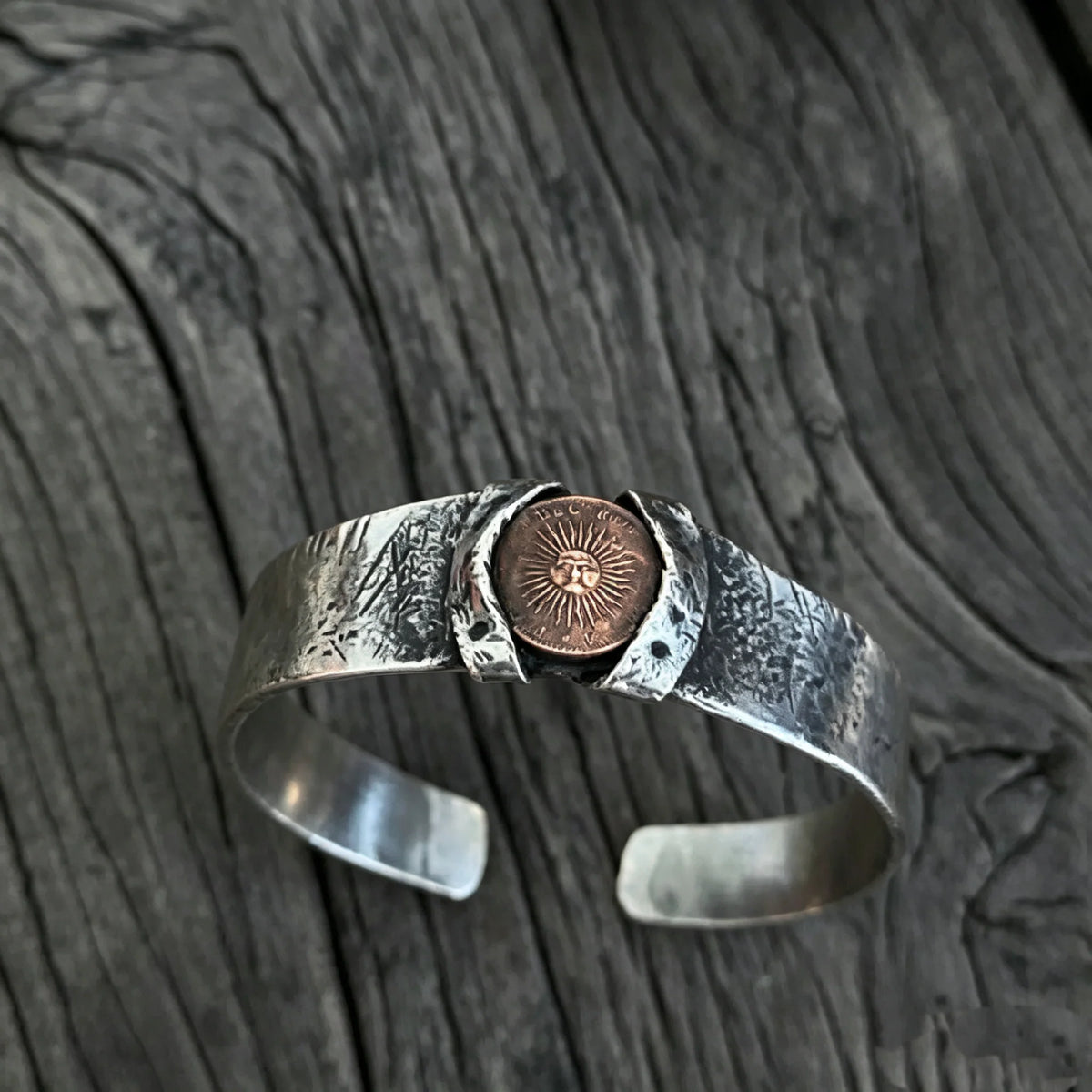 Vintage Sun God Hammered Silver Cuff