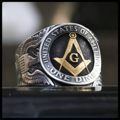 Freemasonry Engraved Silver Coin Ring – Adjustable Open Design | One Size Fits Most