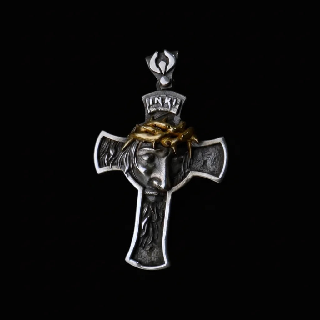 Crown of Thorns Jesus Cross Necklace - Handmade Silver Cross