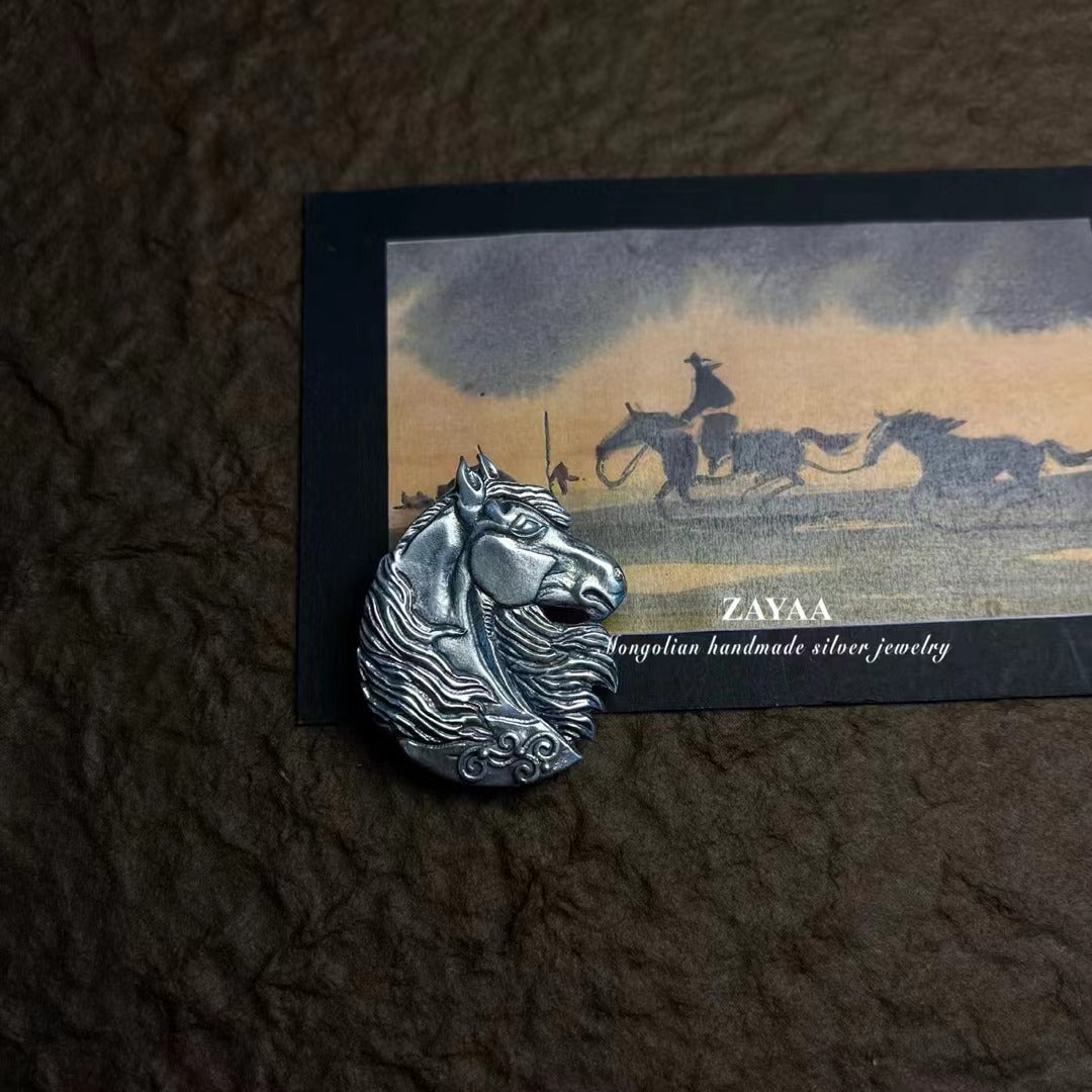 Mongolia Jewelry - White Horse Brooch（Zayaa Handmade Sterling Silver）