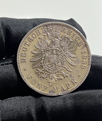 1888 Germany (Prussia) 5 Mark – Frederick III – Silver (.900) – Rare!