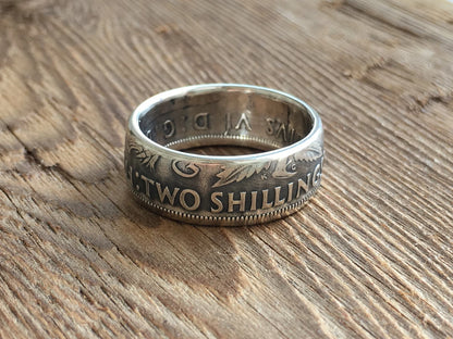 British Silver Coin Ring - Two Shillings - Handcrafted - Great Britain - United Kingdom - UK Coin Rings