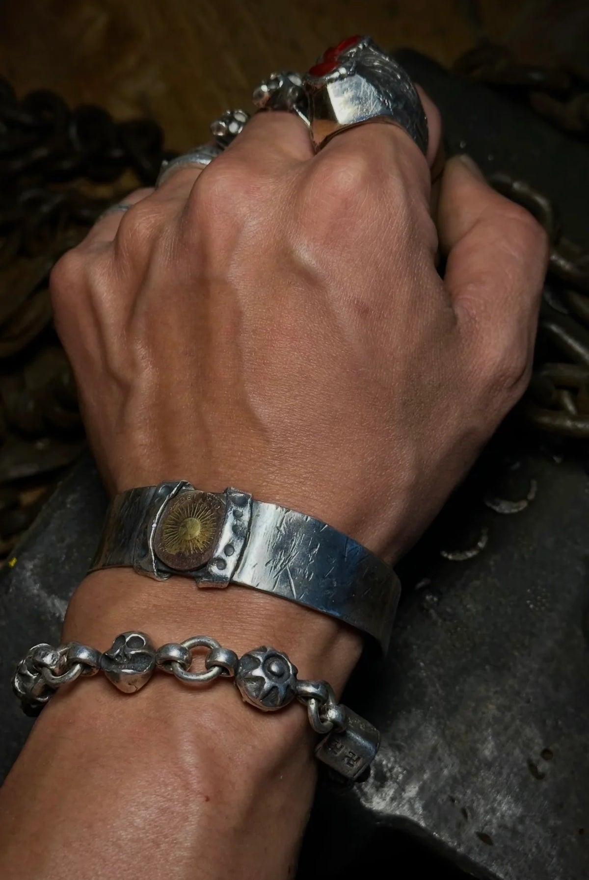 Vintage Sun God Hammered Silver Cuff