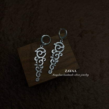 Mongolia Jewelry - Mongolian Traditional Flower Earrings（Zayaa Handmade Sterling Silver）