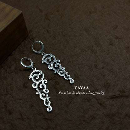 Mongolia Jewelry - Mongolian Traditional Flower Earrings（Zayaa Handmade Sterling Silver）