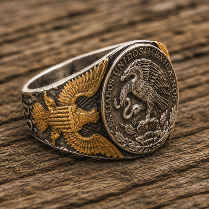Mexican Eagle and Snake Silver Coin Ring – Adjustable Open Design | One Size Fits Most