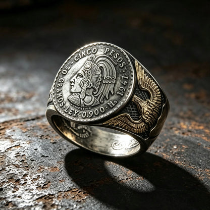 Handmade Cuauhtémoc Mexican 5 Pesos Silver Coin Ring | Vintage Aztec Warrior Signet Ring