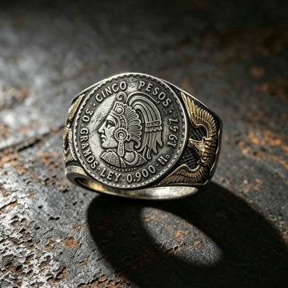 Handmade Cuauhtémoc Mexican 5 Pesos Silver Coin Ring | Vintage Aztec Warrior Signet Ring