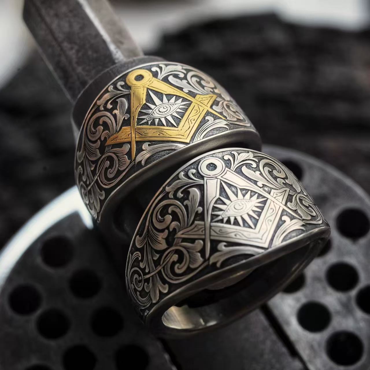 Hand-carved Masonic-style ring – Adjustable Open Design | One Size Fits Most