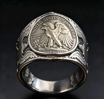 Reverse Walking Liberty Half Dollar Coin Ring